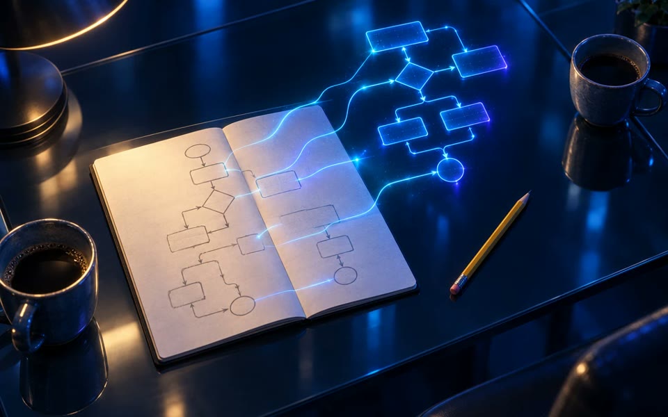 Cuaderno con un diagrama a lápiz que continúa como un diagrama de luz sobre la mesa