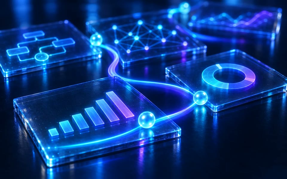 Paneles de cristal con gráficos de luz unidos por una cinta de color